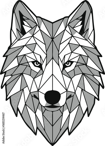 Geometric Wolf Head In Shades Of Gray And White On White Background animal polygonal