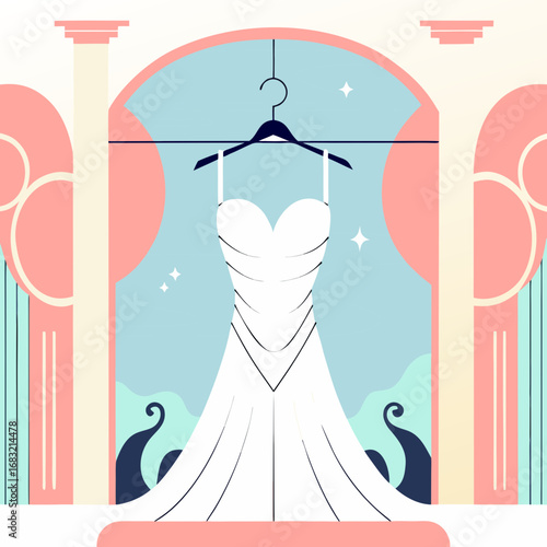 Elegant line art illustration of a dress on a hanger