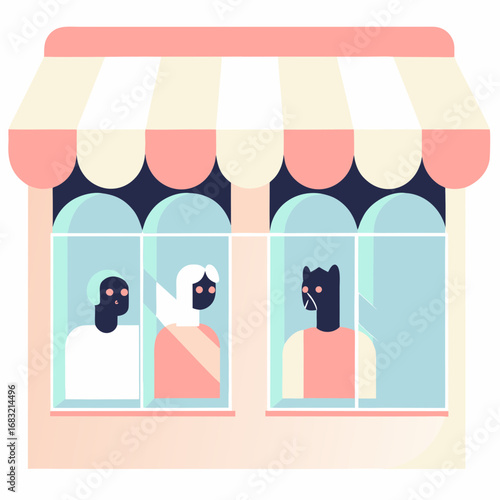 Colorful storefront design featuring unique awning and window display