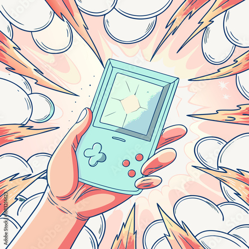 Hand holding vintage handheld console with glowing screen