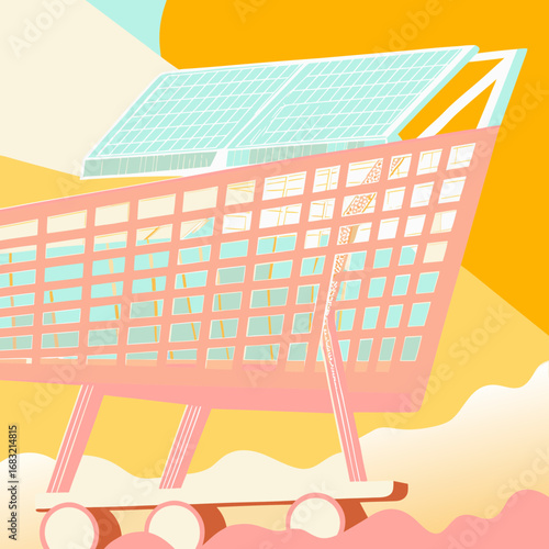 Stylized geometric shopping cart with vibrant colors and bold lines