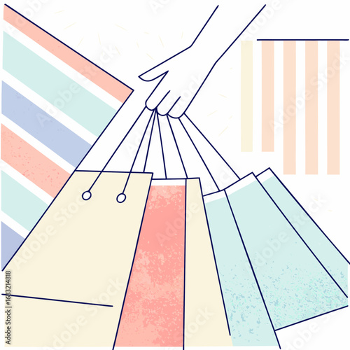 Hand holding shopping bags in a stylized vector illustration