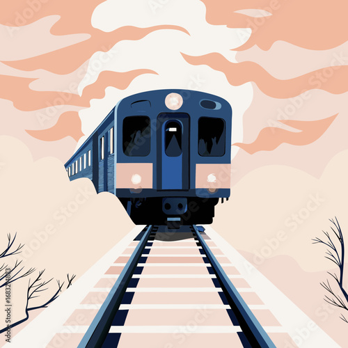 Train travels across tracks under a colorful sky at sunset
