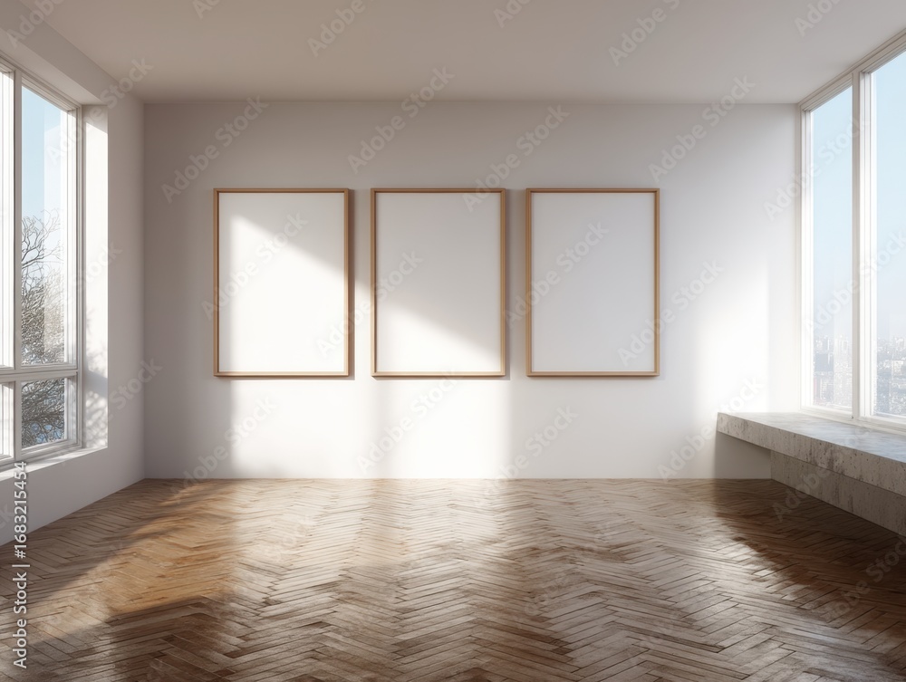 Fototapeta premium A room with three empty picture frames on the wall