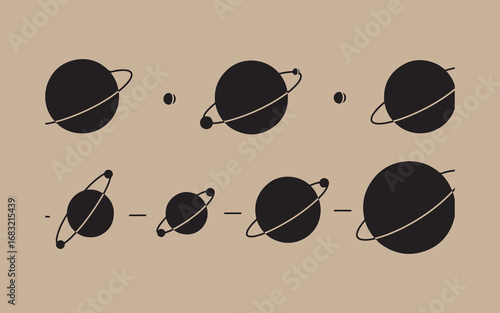 Stylized black planets with rings on a beige background