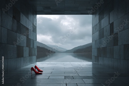 Red heels in a modern stone hallway with a scenic view