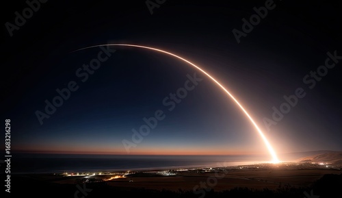 A magnificent, illuminated rocket launch trajectory arcs across the twilight sky, casting a dramatic glow over the coastal landscape below.