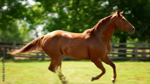 Chestnut Horse Galloping in Pasture