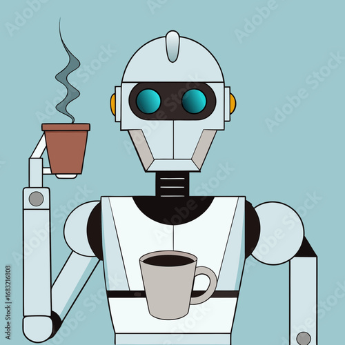Robot enjoys coffee during a human-like moment in a café setting