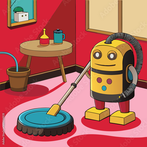 Robot vacuum cleans bright room with stylish decor
