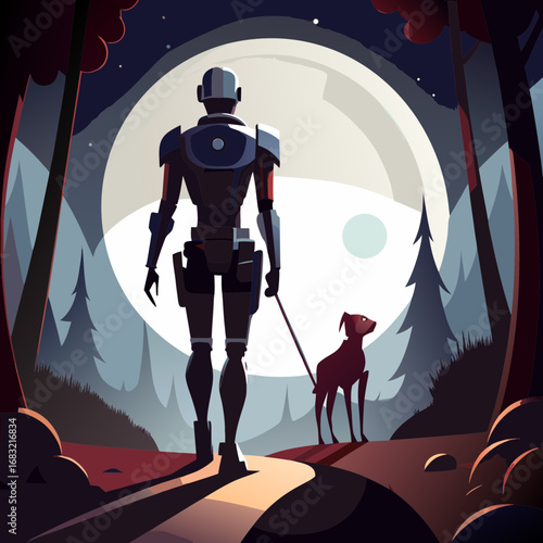 Robot walks dog under a full moon in a forest setting