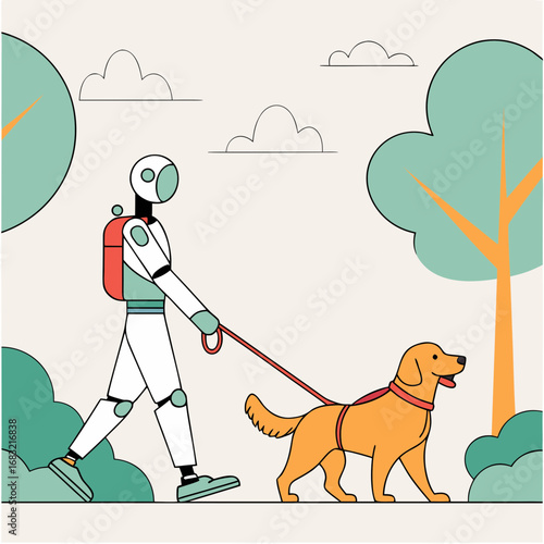 Robot enjoys a walk with a dog in a park setting