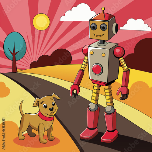Robot enjoys a sunny day walking a dog in a colorful park