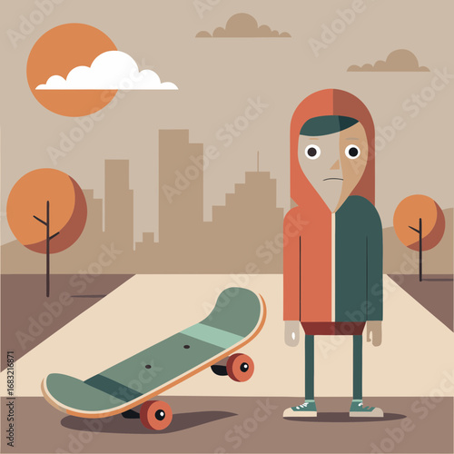 Skateboarder stands near city skyline during sunset