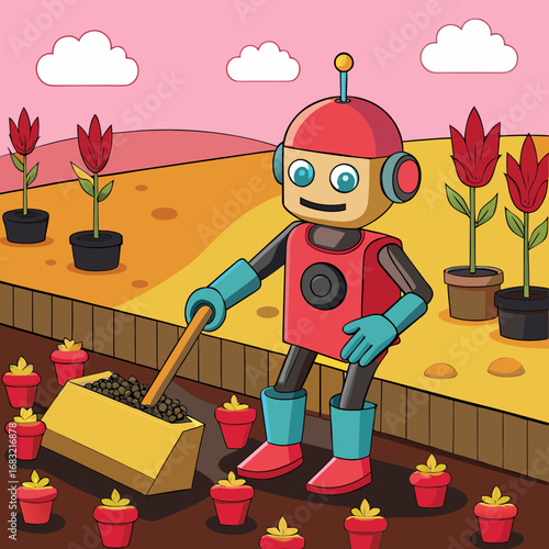 Robot tending to flowers in a vibrant garden landscape