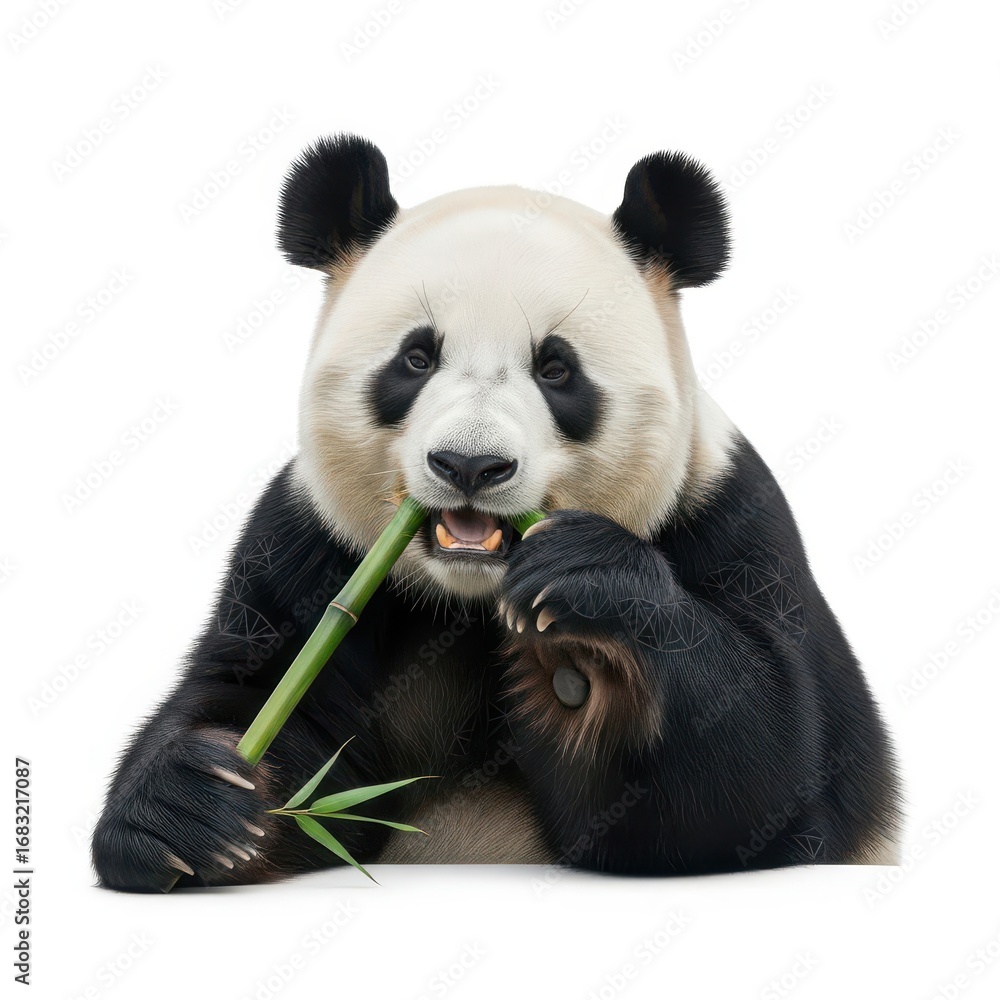 Fototapeta premium Giant Panda Eating Bamboo on White Background