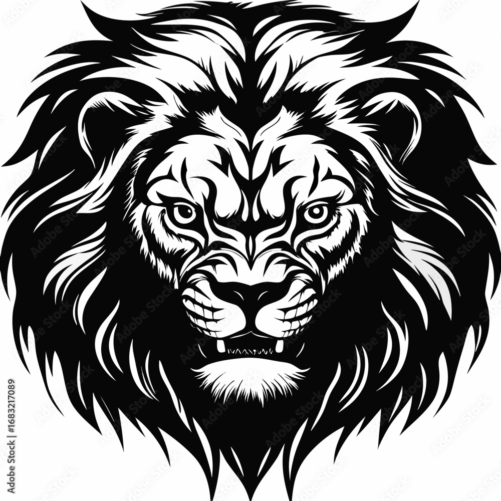 Fototapeta premium Fierce lion with a striking mane in black and white design