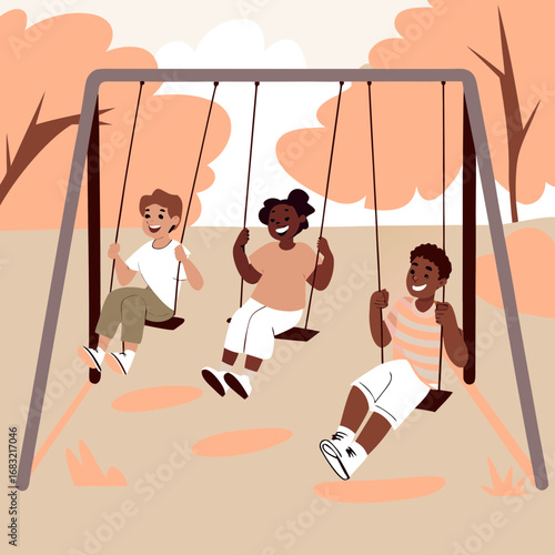 Children enjoying a fun day on a swing set in a park