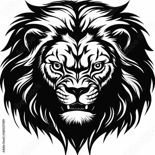 Fierce lion with a striking mane in black and white design