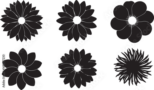 Six Black Silhouette Flower Icons on White Background vector illustration