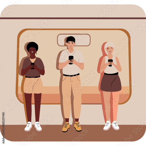 People on a train absorbed in their phones during the journey