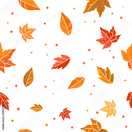 Seamless flat pattern with colorful autumn leaves on white background. Simple seasonal design perfect for Thanksgiving wrapping paper, fabric, wallpaper, web backgrounds and festive decorations.