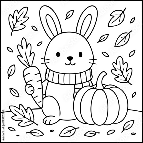 Adorable bunny with scarf holding carrot next to a pumpkin among autumn leaves. Cozy farm coloring page.