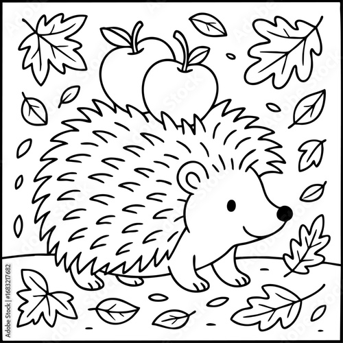 Cute hedgehog carrying apples on its back among falling autumn leaves. Cozy woodland coloring page.