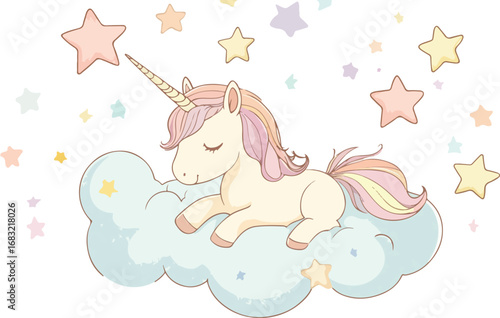 Adorable sleeping unicorn with closed eyes resting peacefully on a fluffy cloud surrounded by stars