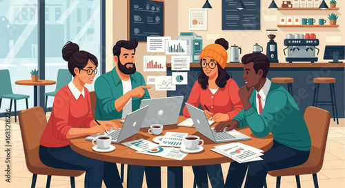 A diverse group of colleagues collaborating around a table, analyzing data and charts in a cafe.