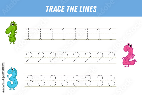 Numbers tracing practice. Writing number one, two, thre. Tracing worksheet with cute monster digits. Ready for print. Educational game for preschool kids. Activity page. Vector