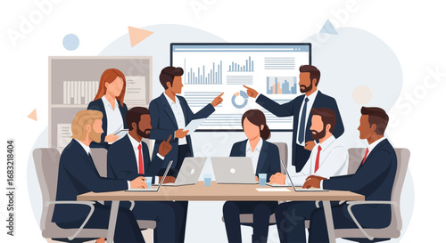 Diverse group of business professionals in a meeting, discussing data and strategy with laptops and a large screen displaying charts.