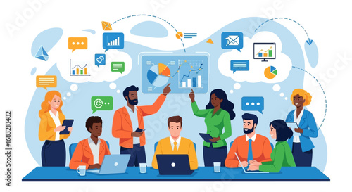 Diverse business team gathered around a table, discussing data and strategy in a meeting.