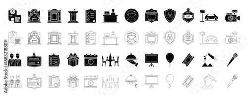 Event Planning Icon Collection Wedding Stage, Catering Service, Conference Podium, VIP Badge, Reception Desk, Gift Box, Microphone, Dining Table, Security Shield, Camera and Calendar Reminder