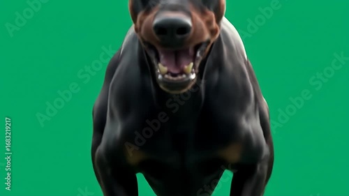 Black and brown doberman dog with an open mouth, perfect for pet care, veterinary clinic, or animalrelated designs. Iconic breed representation.