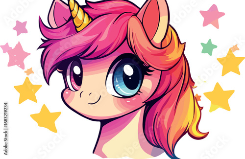 Adorable cartoon unicorn with bright pink and orange mane surrounded by colorful stars