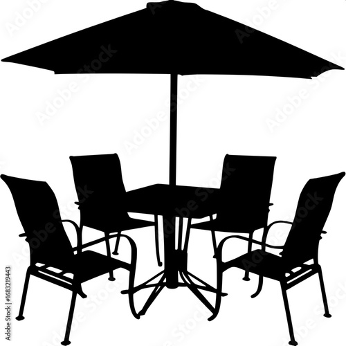 "Black silhouette illustration of outdoor patio furniture set with chairs and a square table under an umbrella."