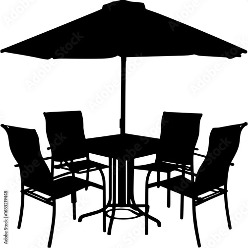"Black silhouette illustration of outdoor patio furniture set with chairs and a square table under an umbrella."