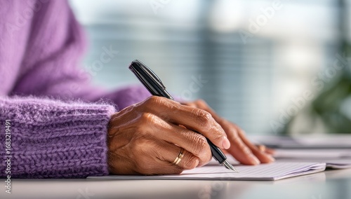 Close-up of hands writing in notebook.  Purple sweater, black pen.  Focus on hands and pen