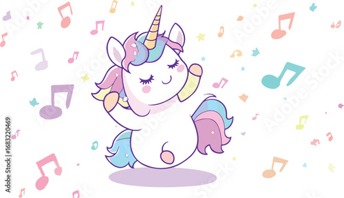 Adorable cartoon unicorn with closed eyes dancing joyfully surrounded by colorful musical notes