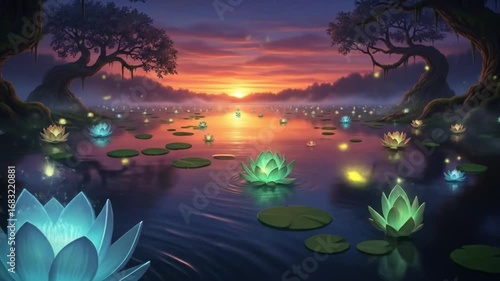 Glowing Lotus Flowers Sunset Swamp Fantasy Art Illustration