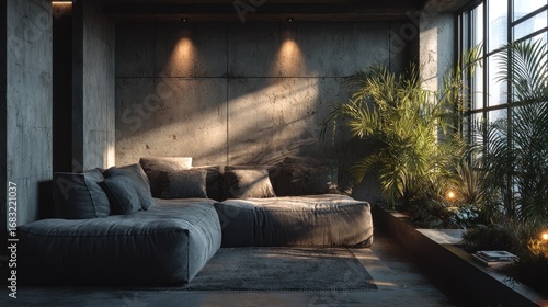 Industrial loft living space with tropical plants