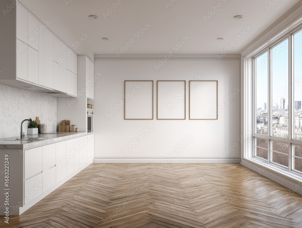 Fototapeta premium A kitchen with a white counter and a sink