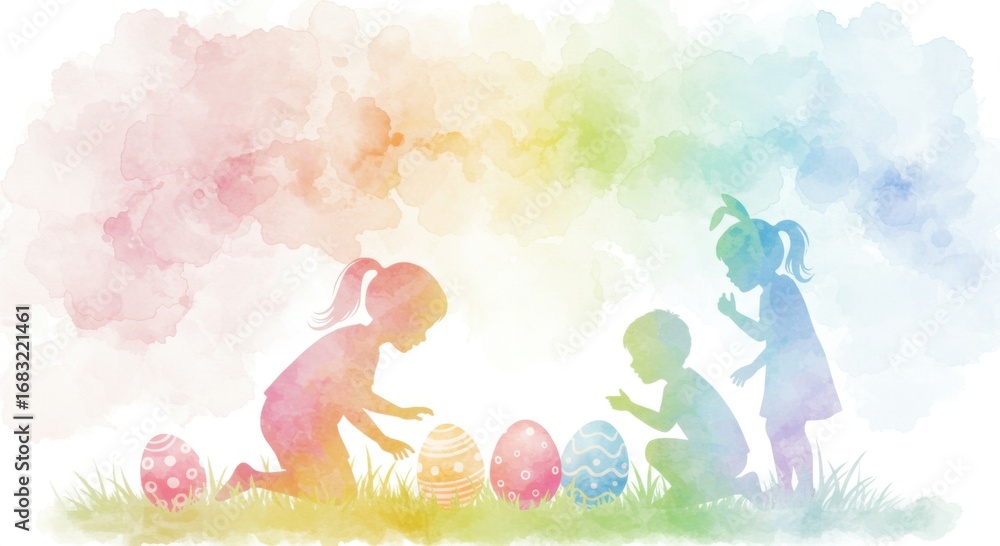 Fototapeta premium Children playing with colorful Easter eggs in spring garden 