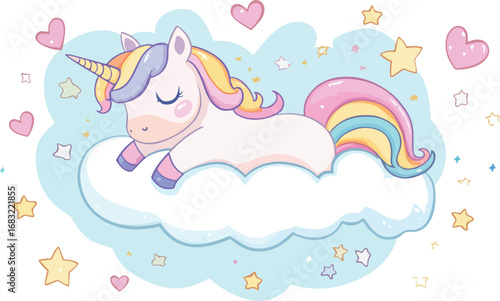 Adorable sleeping unicorn with rainbow mane and tail resting peacefully on a fluffy cloud surrounded by hearts and stars
