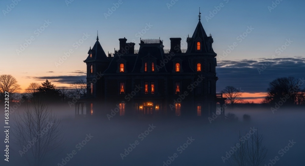 Fototapeta premium A silhouette of a castle at dusk with fog and orange lights in the windows and a blue and orange sky