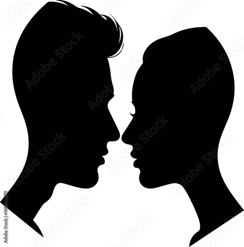 Create a Male female heads facing silhouette. Man and woman face each other in black profiles. Calm intimate moment, emotional focus. Love, relationship, romance, communication concept. vector art .