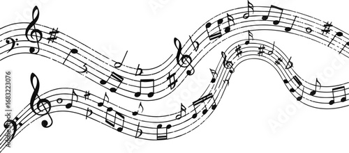Create a Music notes wave. Flowing musical staff lines with notes, clefs and melody rhythm patterns in dynamic circular, spiral and wavy shapes. Elegant swirling compositions for posters vector art.