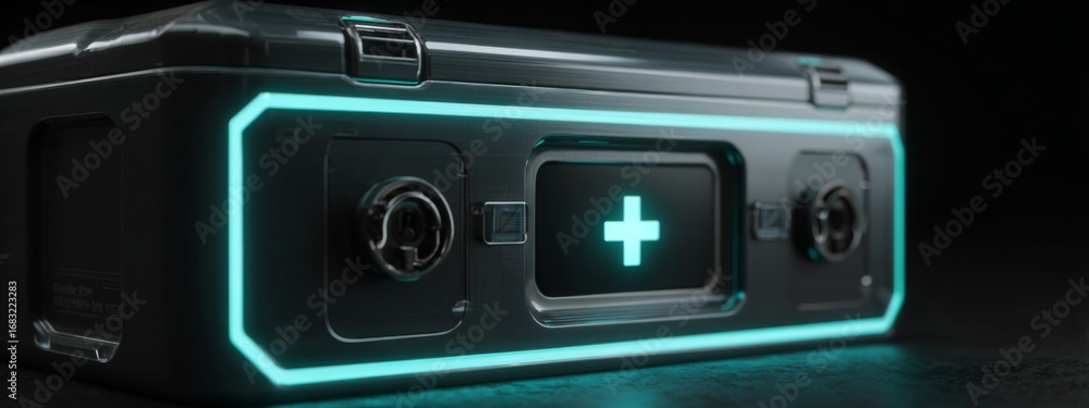 Fototapeta premium Glowing Futuristic Medicine Storage Box with Digital Display and LED Accent for High-Tech Healthcare Solutions