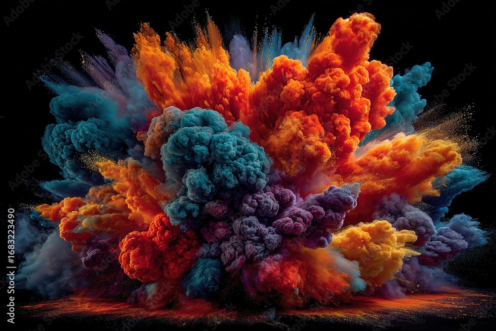 Fototapeta premium Colorful smoke explosion in vibrant shades creating a stunning visual display in a dark background